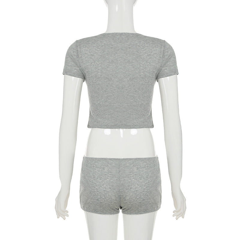 Casual Solid Color Short Sleeve T-Shirt Shorts Women Home Set 9