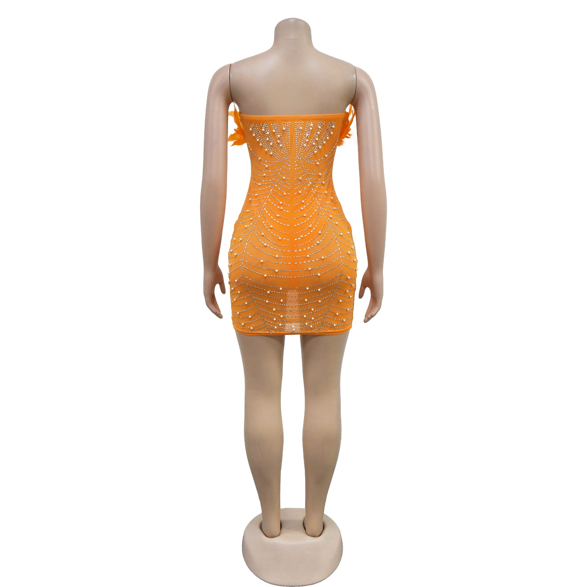 Fashion Women's Solid Color Mesh Beaded Feather Dress 42