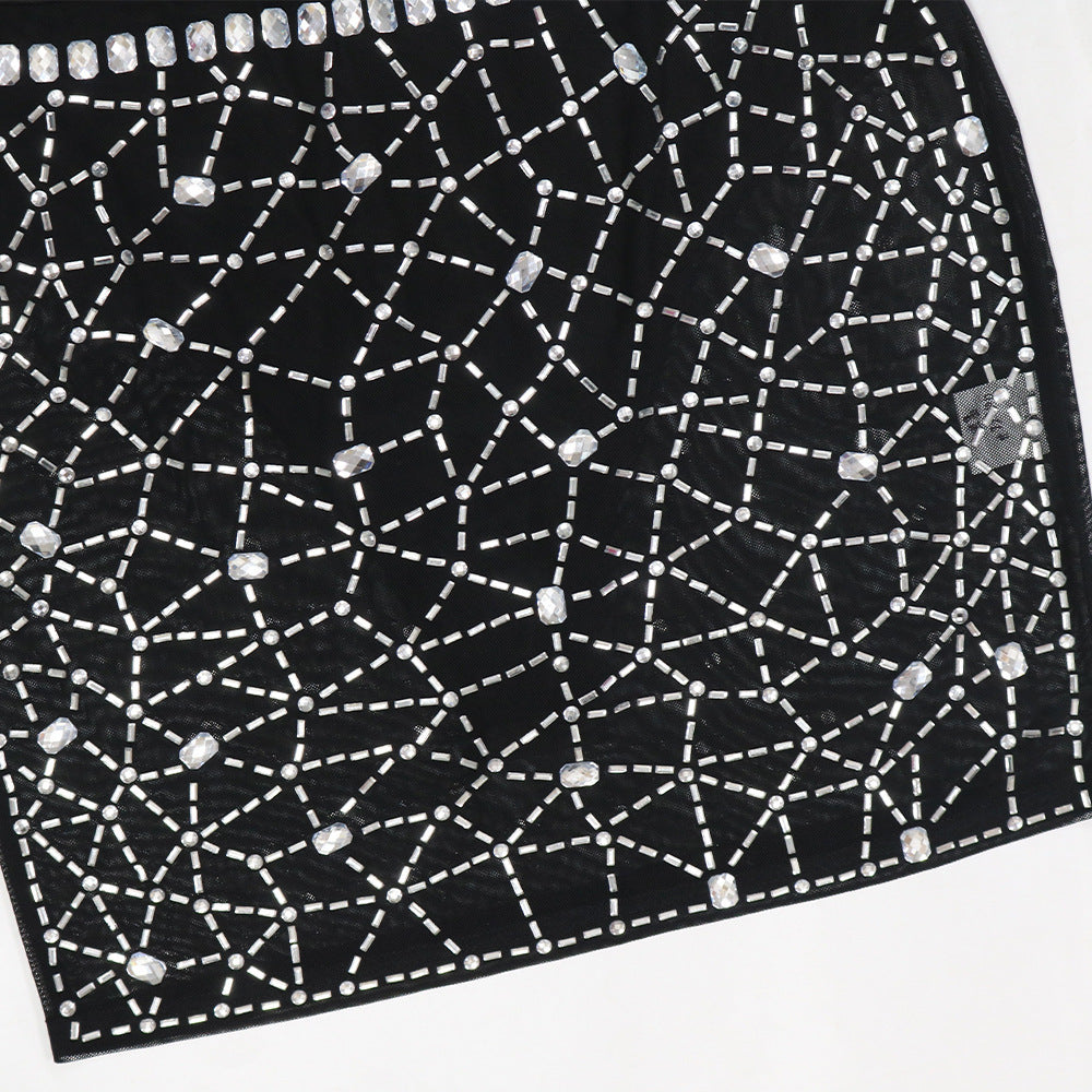 Women Beaded Mesh Sleeveless Round Neck Top and Bodycon Mini Skirt with Panties Two-piece Set 19