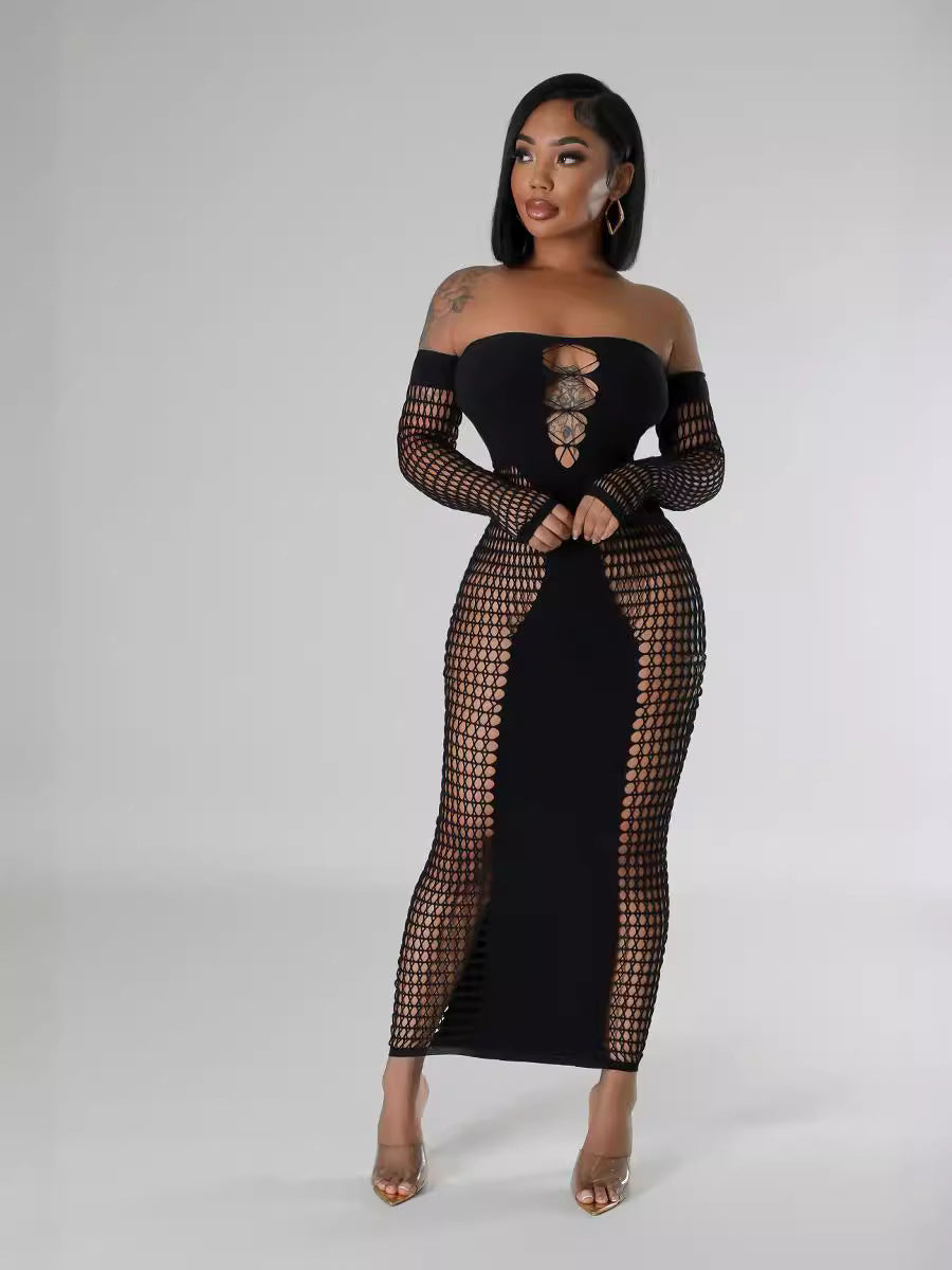 Off Shoulder Long Sleeve Stretch See Through Sexy Dress 6