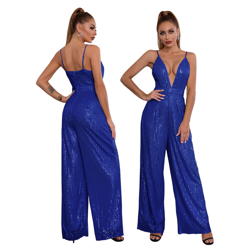 Deep V Neck Low Back Sleeveless Chic Sequined Straps Elegant Women's Party Jumpsuit 14