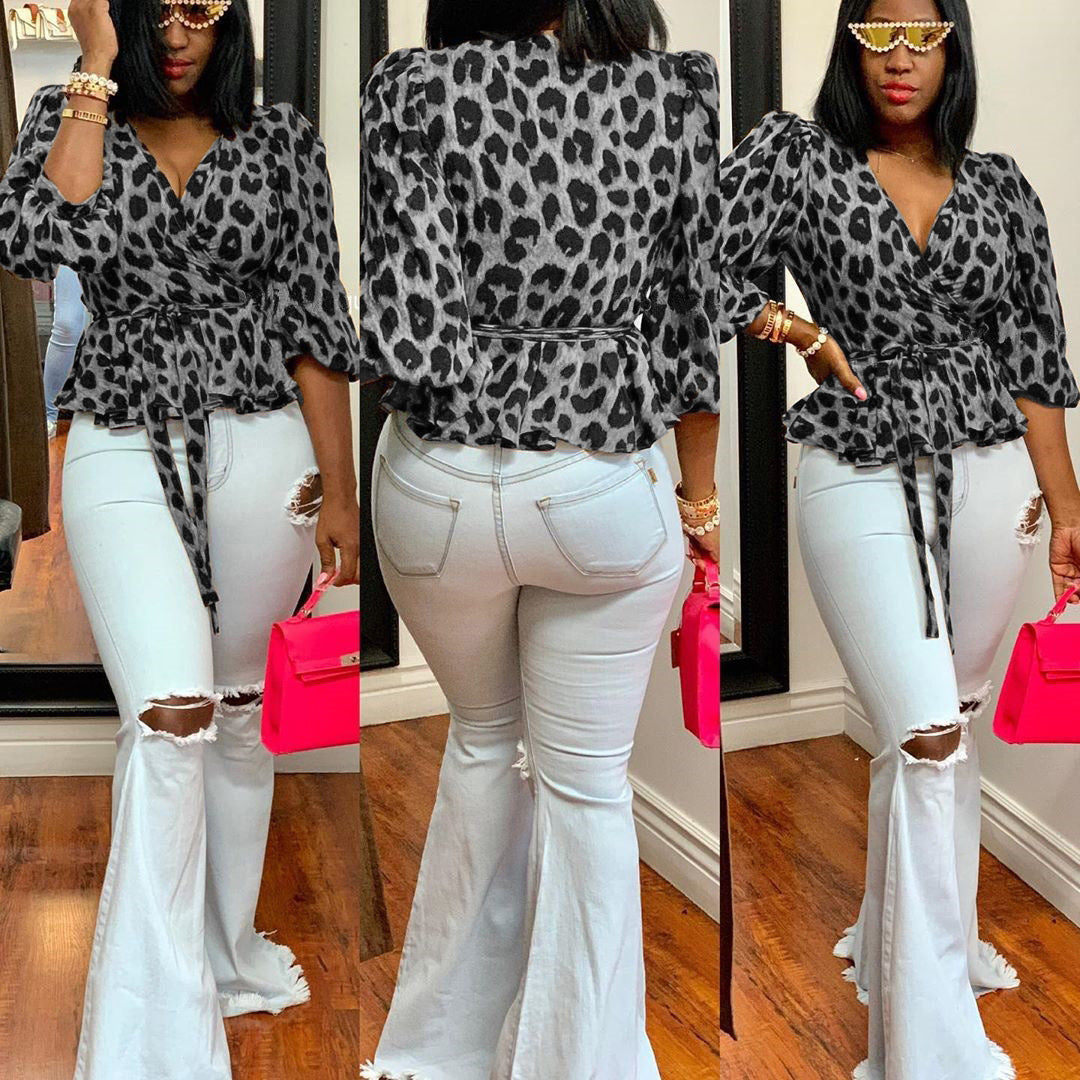 Women Casual Leopard V-neck Lace-Up Top