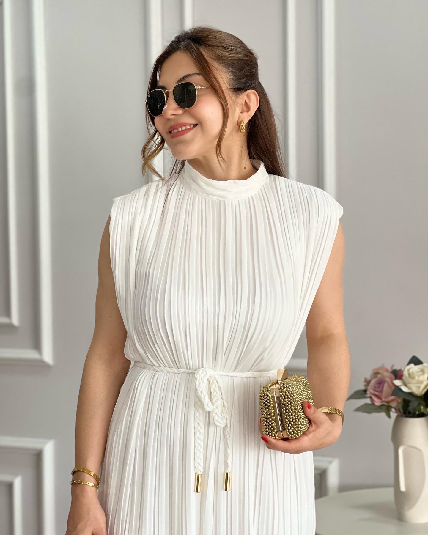 Women's Fashionable Simple Half Turtleneck Slim Waist Slim Fit Belt Maxi Dress 13