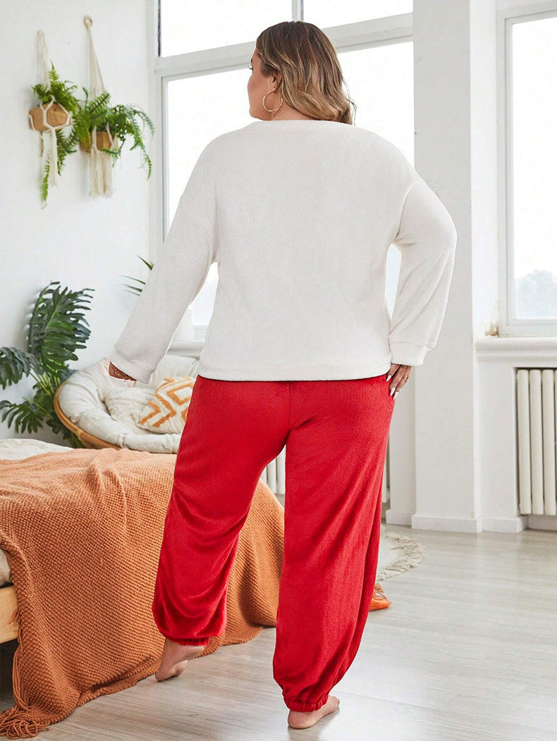 Flannel Heart Printed Casual Long Sleeves Pajamas Set Plus Size Women's Home Clothes 7