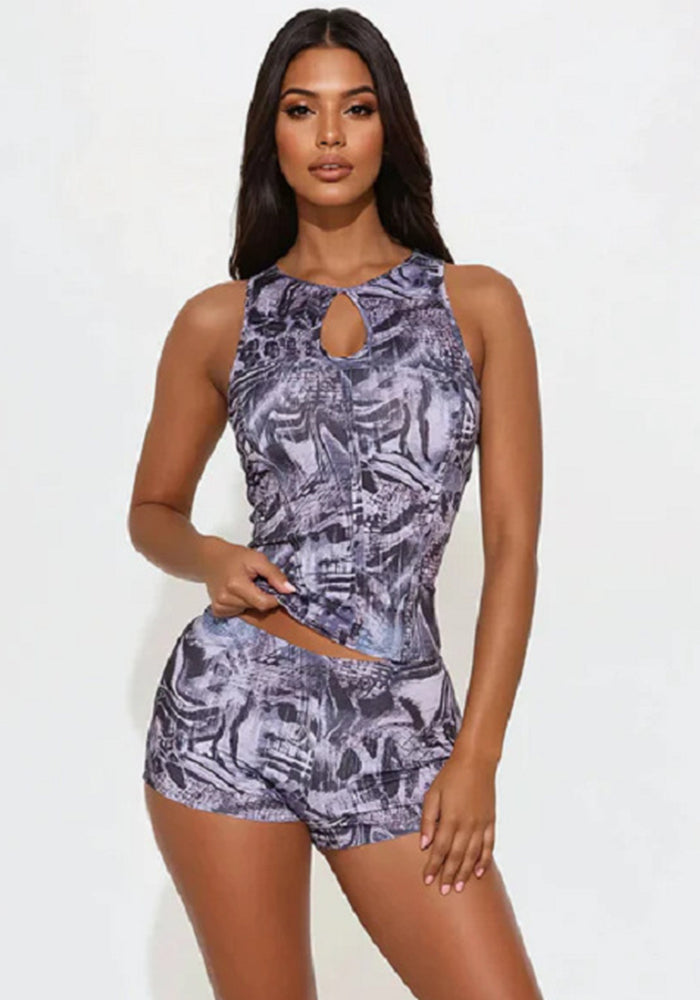 Women Summer Abstract Print Sexy Top and Shorts Two-Piece Set