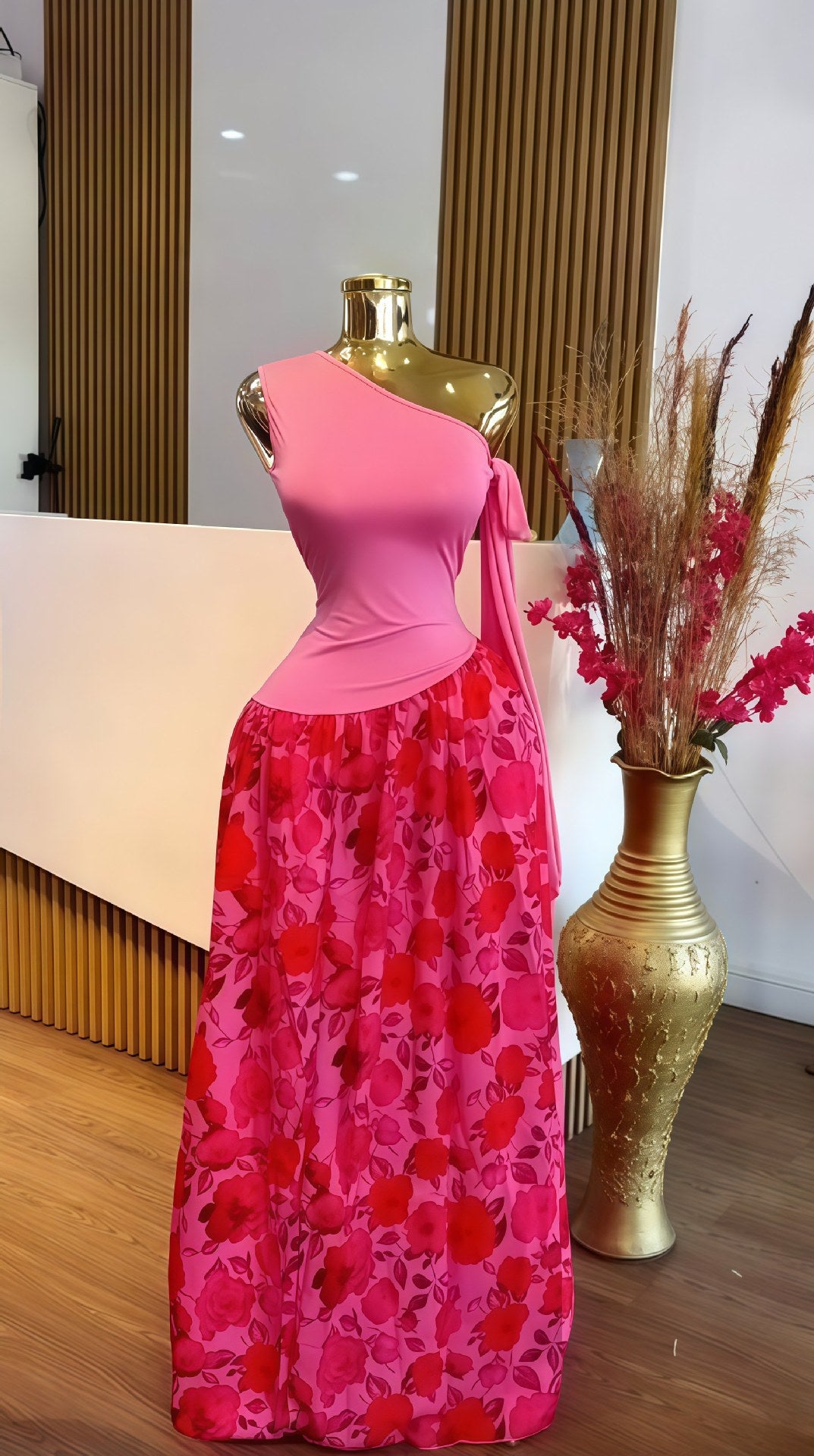 Women's Autumn Sleeveless Slash Shoulder Slim Fit Print Pleated Chic Long Dress 8