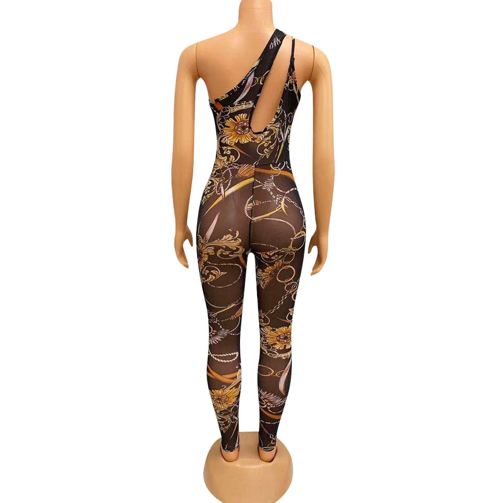 Summer Women's Sexy Mesh See-Through Nightclub Digital Print Jumpsuit 13