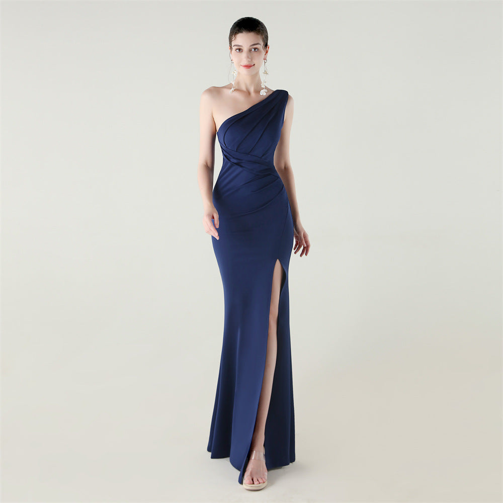 Women one-shoulder satin beaded sexy slit evening dress 10