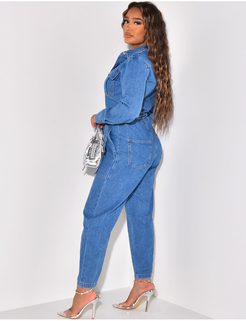 Women's Fashion Casual Sexy Pocket Belt Wide Leg Denim Jumpsuit 13