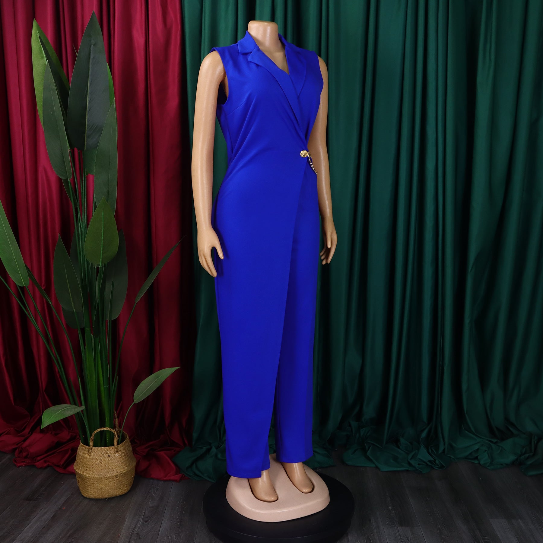 Women's Chic Elegant Turndown Collar Slim Waist Chain Loose Wide Leg Jumpsuit 13