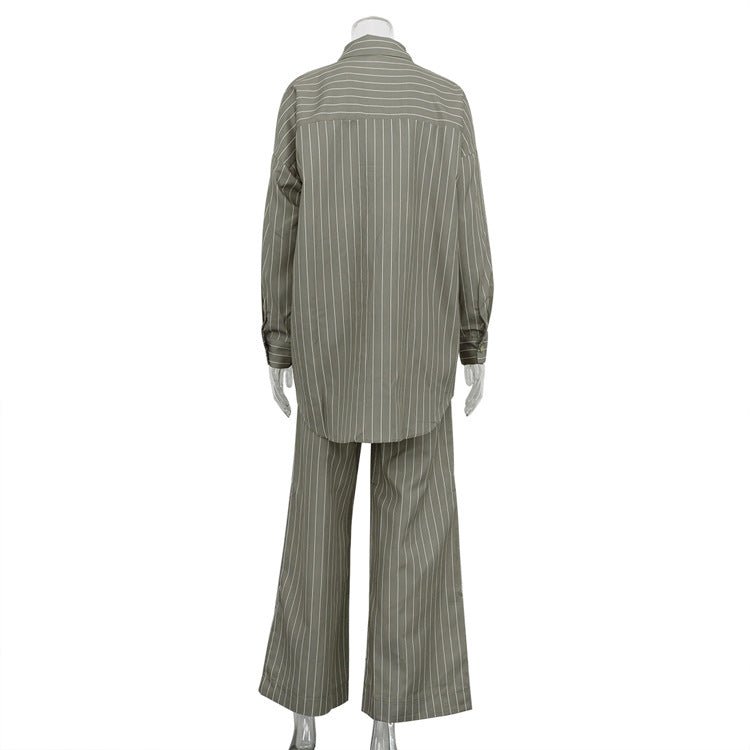 Women's Spring And Autumn Fashion Striped Loose Long Sleeve Shirt Wide Leg Pants Two Piece Set 6