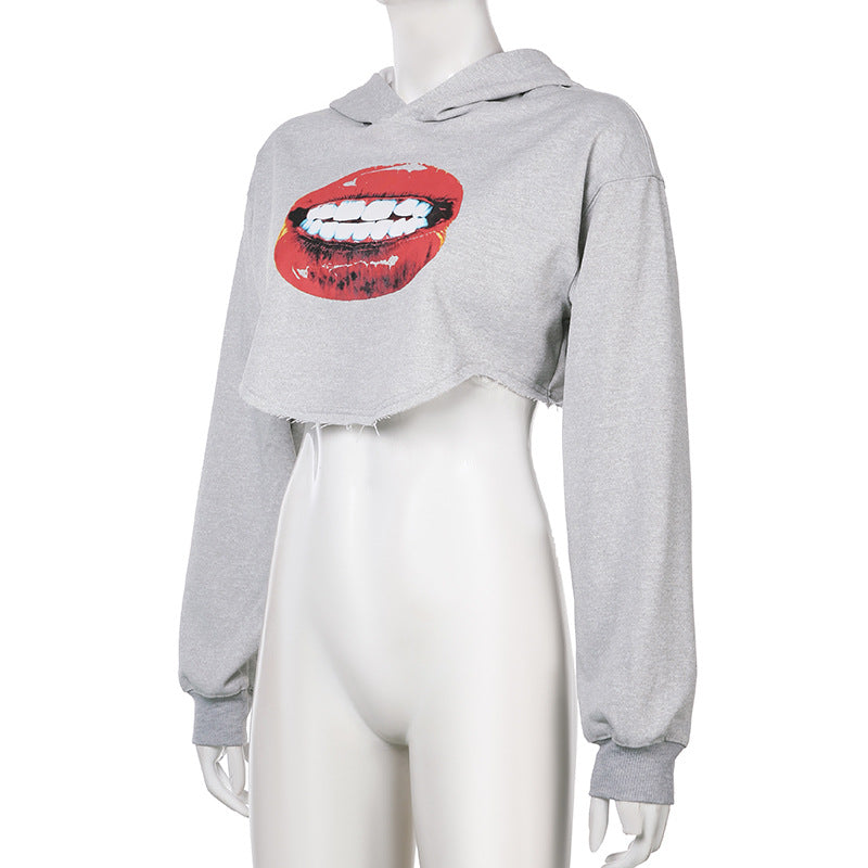 Women American Street Sports Long Sleeve Loose Big Red Lip Crop Hoodies 7