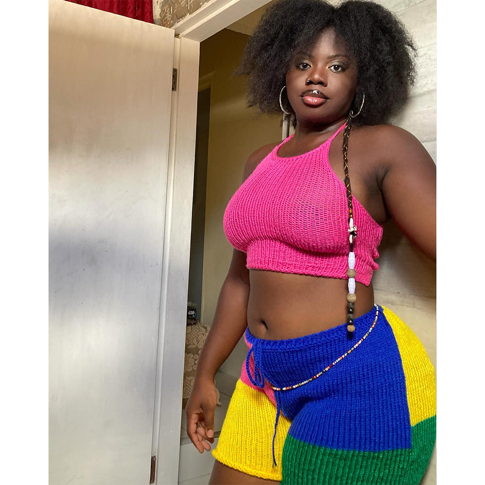 Summer Women's Knitwear Fashion Low Back Halter Neck Top & Tight-Fitting Shorts Set 3