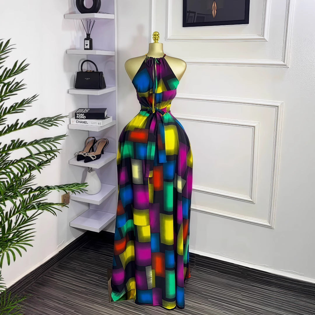 Summer Womenƒ??s Sleeveless Halter Neck Color-Block Slim Waist Tie-Front Chic Maxi Dress