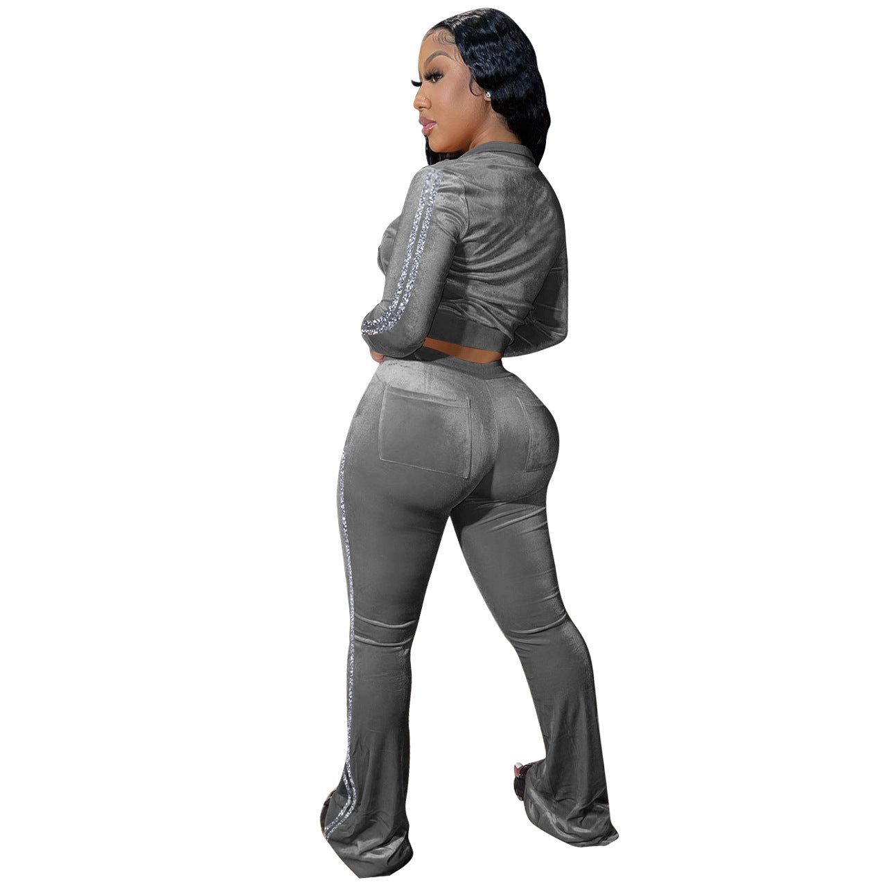 Women's Solid Velvet Casual Zip Top Wide Leg Pants Two Piece Tracksuit 47