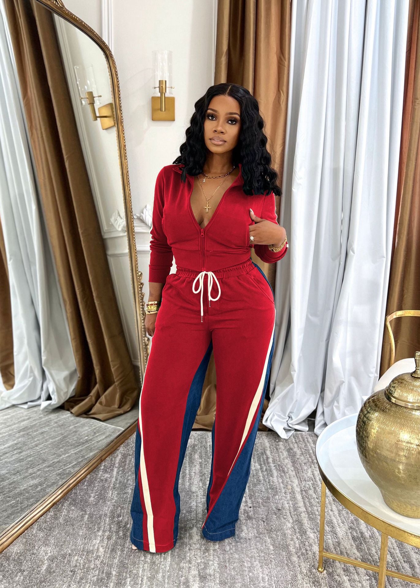 Women Top and Denim Patchwork Pants Two-Piece Set