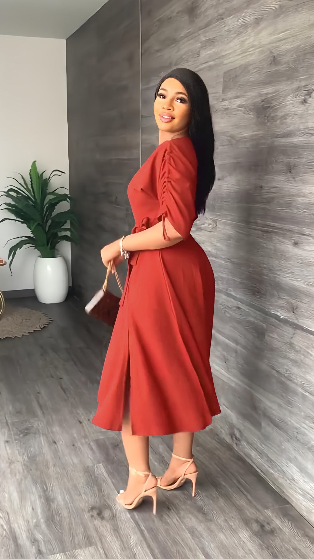 Slash-Shoulder Slim Waist Midi Casual Dress 5