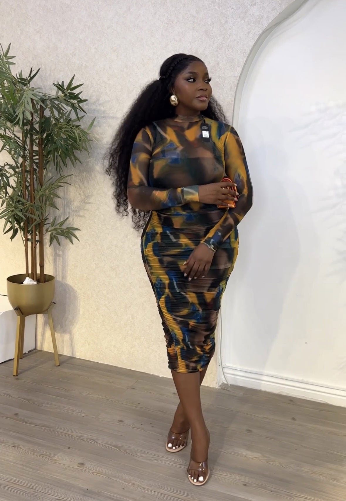 See-Through Mesh Sexy Round Neck Long-Sleeve Bodycon Dress 3