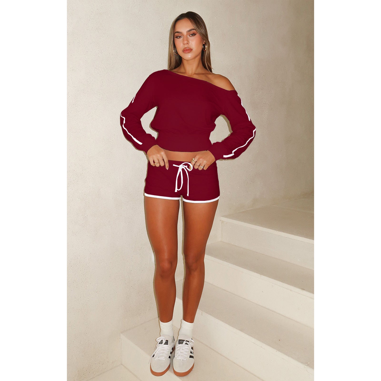 Women's Casual Slash Shoulder Long Sleeve Top Drawstring Shorts Two-Piece Set 45