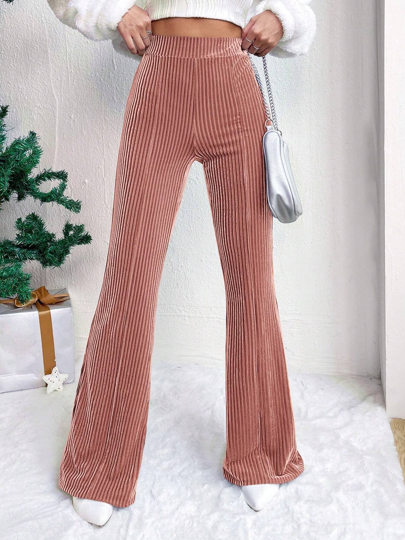 Autumn Winter Women High Waist Corduroy Bell Bottom Pants Solid Color Casual Wide-Leg Long Sweatpants 6