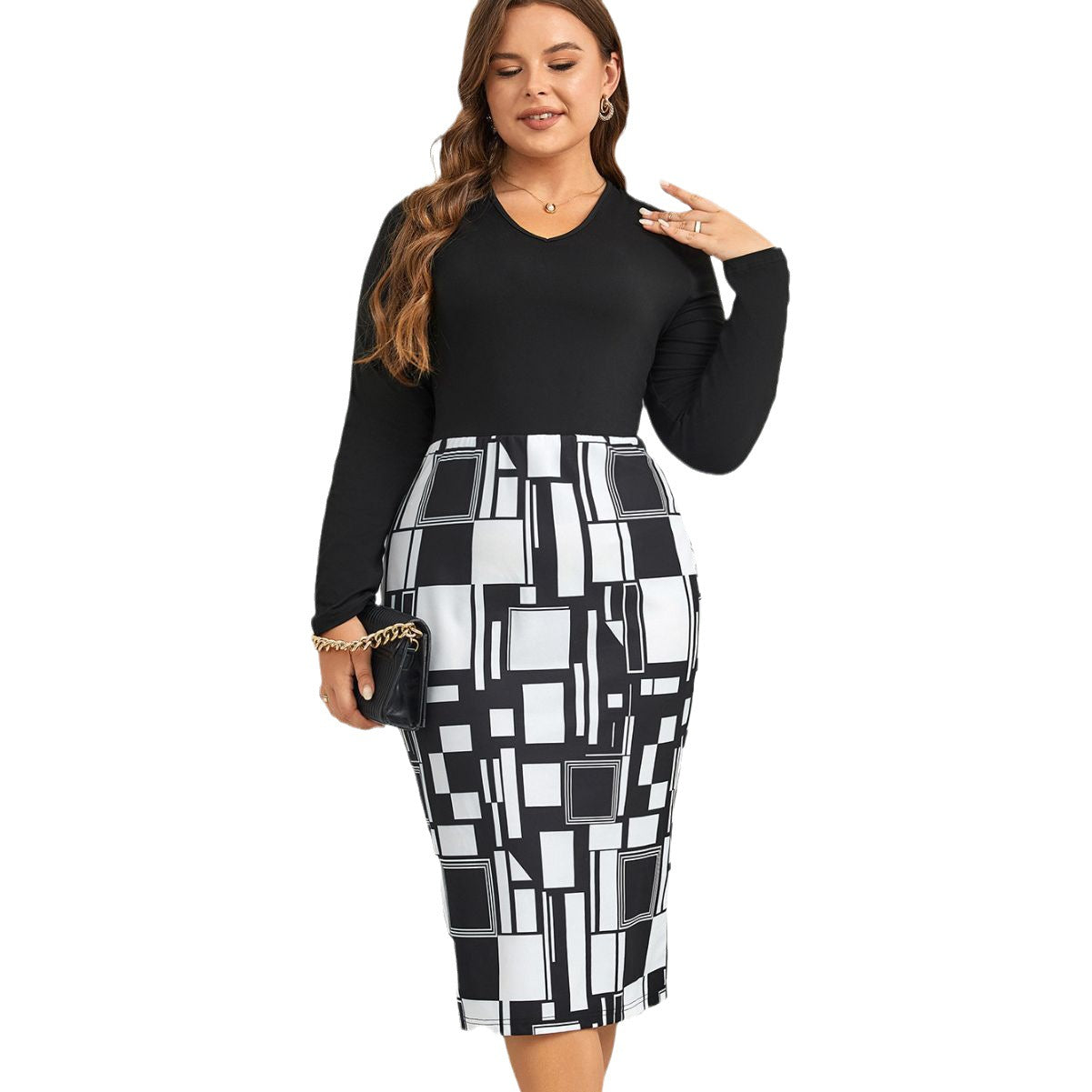 Plus Size Women Printed Long Sleeve Round Neck Dress 6
