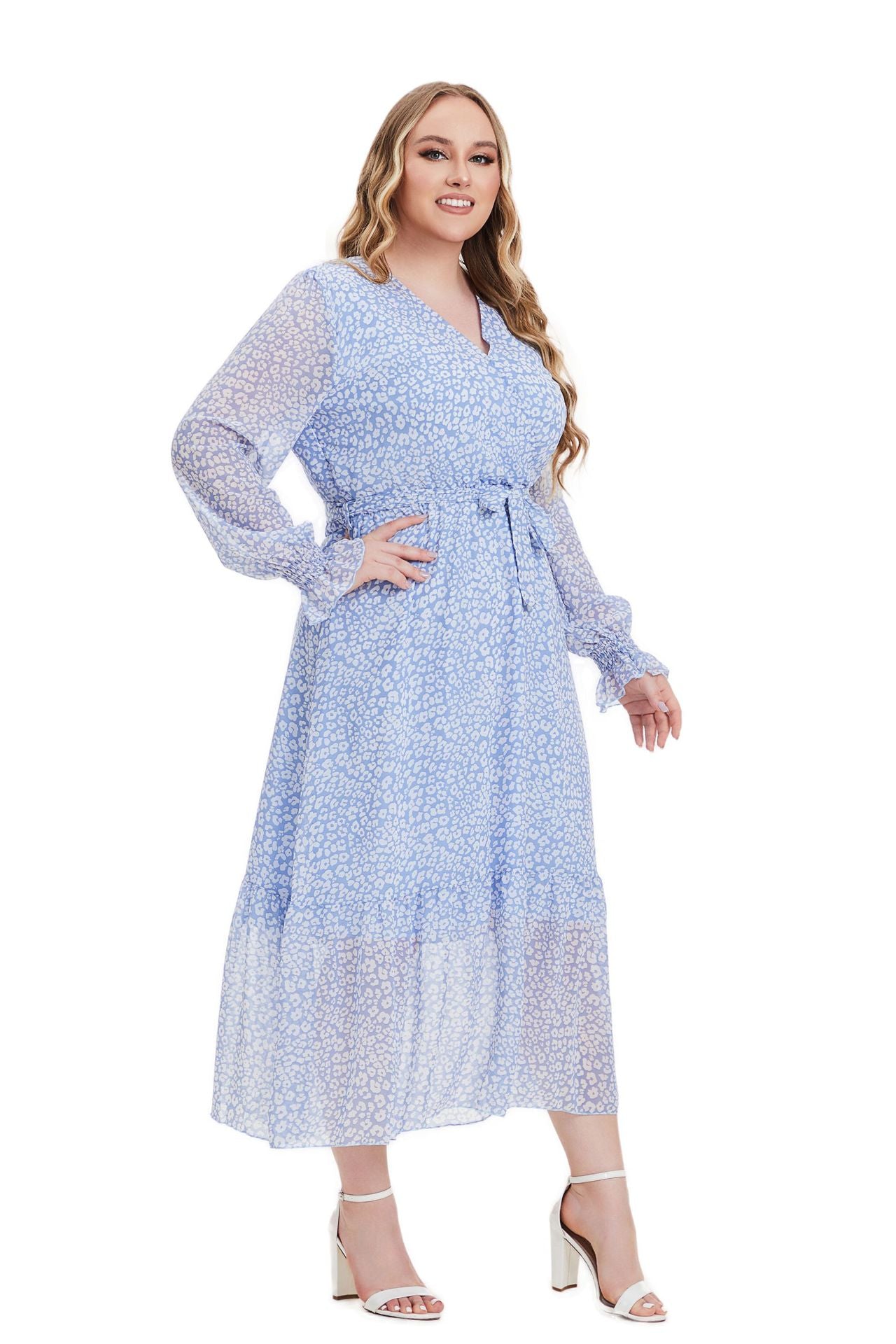 Plus Size Women Fall Long Sleeve Floral Dress 5