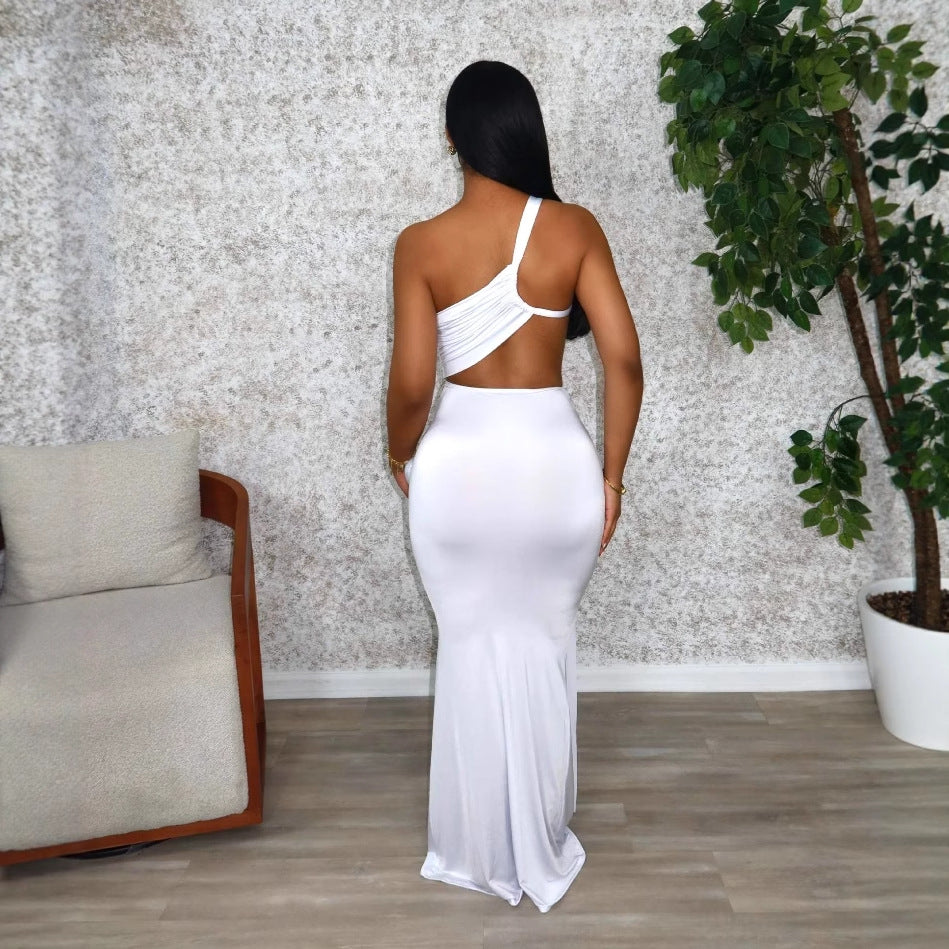 Women Solid Maxi Dress One Shoulder Pleated Dress 7