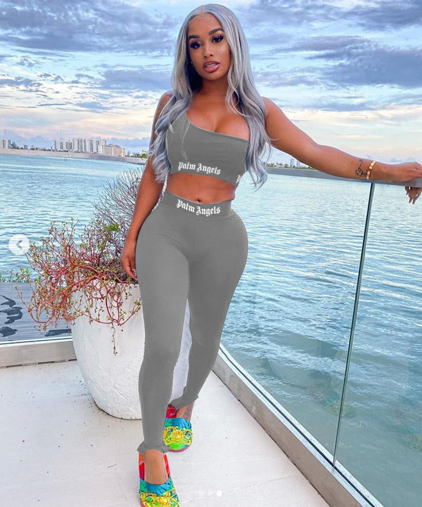 Women's Solid Color Fashion Letter Print Casual Tight Sports Two Piece Pants Set 11