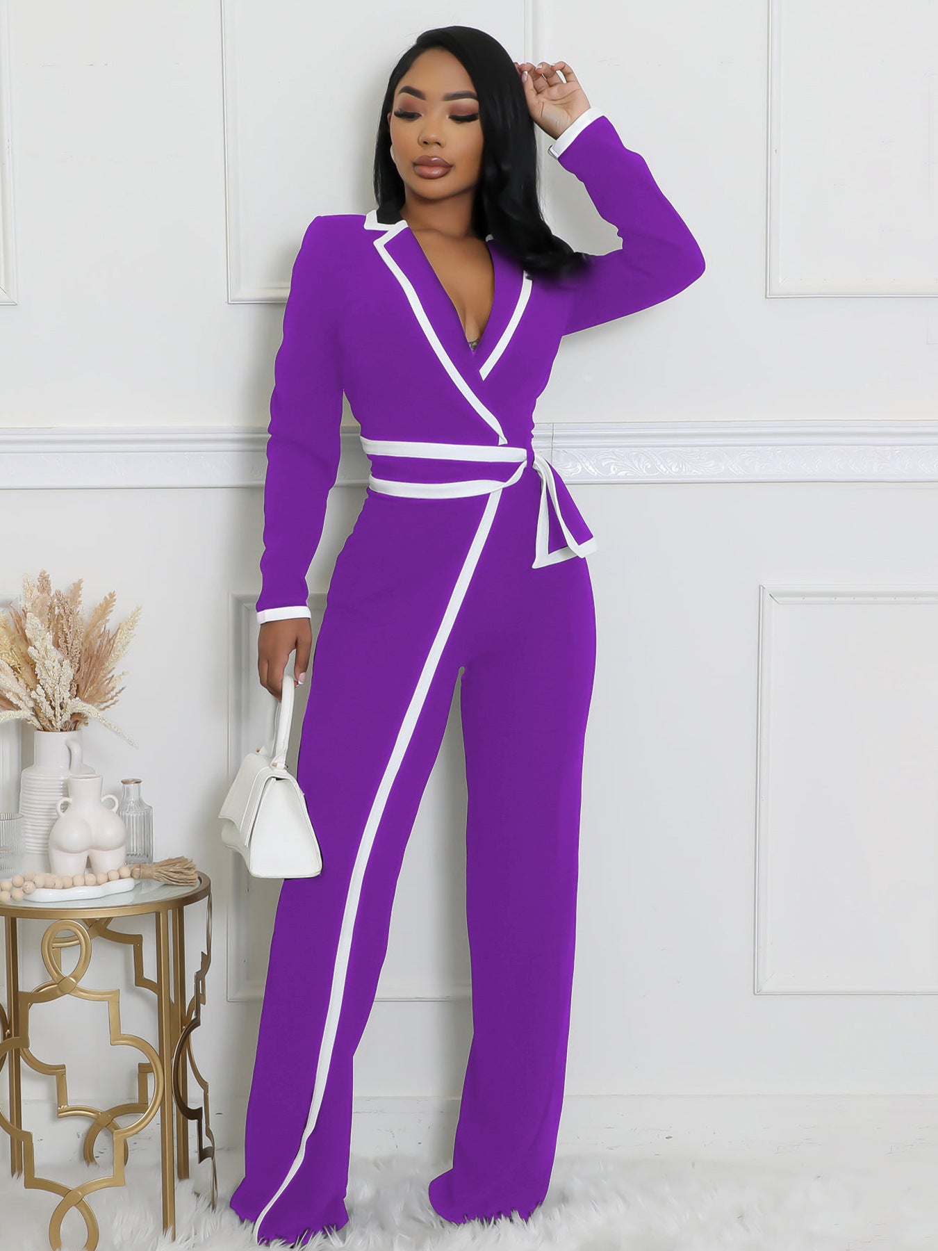 Women autumn and winter belt contrast color long-sleeved Jumpsuit 8