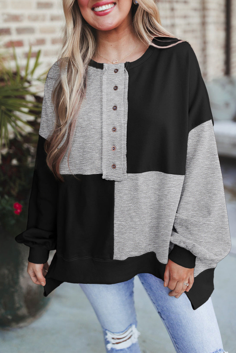 Autumn Winter Casual Patchwork Contrasting Loose Long Sleeve Top 6