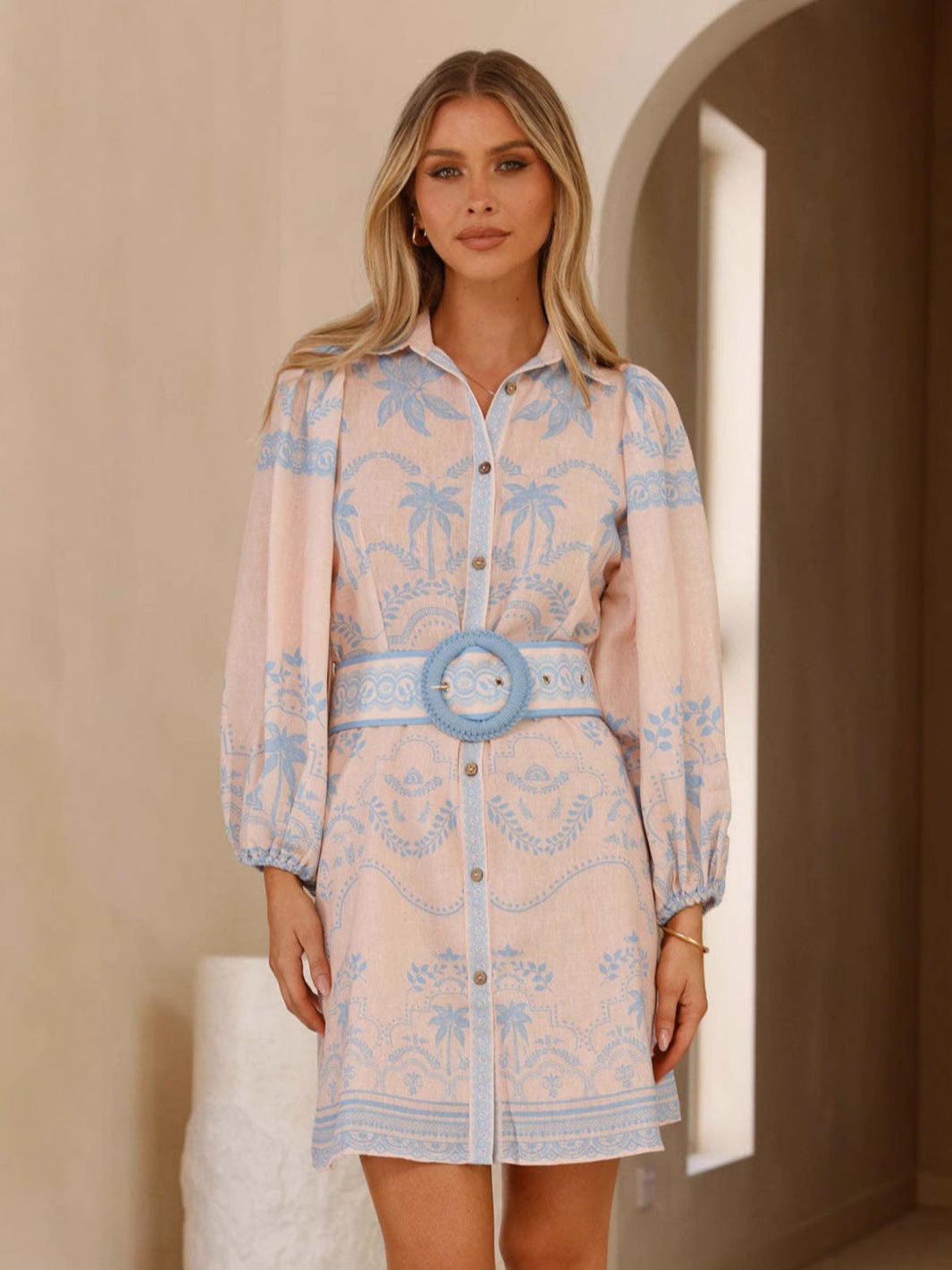 Linen Chic Casual Printed Belt Slim-Waist Shirt Dress 5