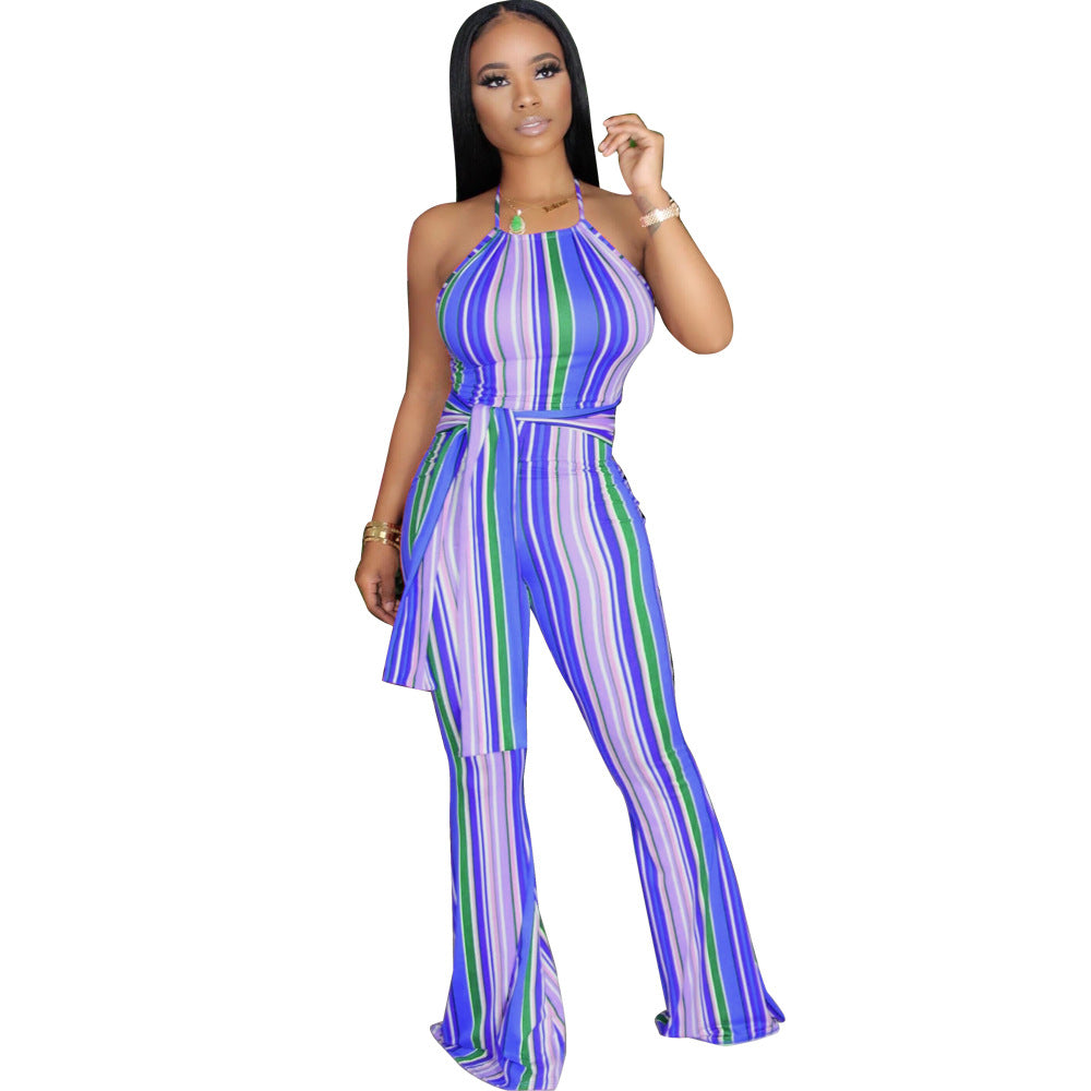 Multi-Color Striped Halter Neck Slim Fit Bell Bottom Women's Jumpsuit 7