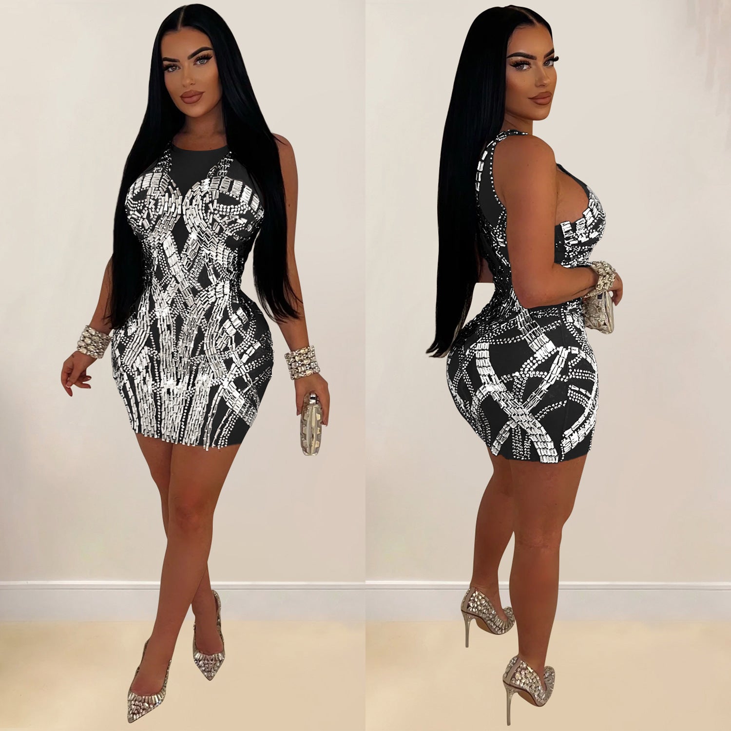 Women Solid mesh Beaded Mini Dress