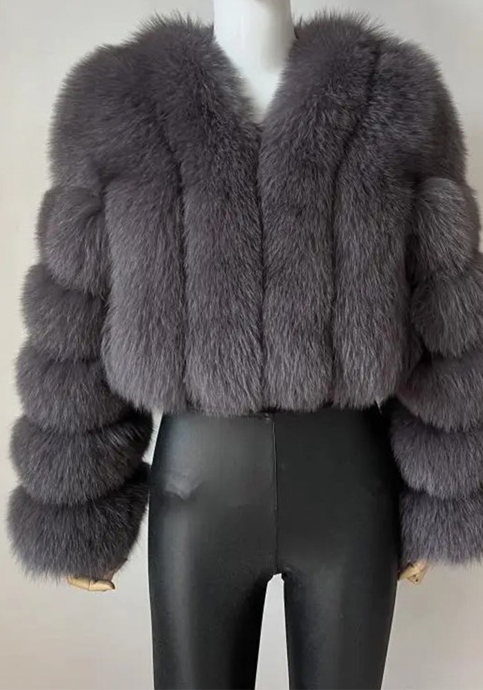 Women Winter Warm Patchwork Crop Long Sleeve Faux Fur Jacket