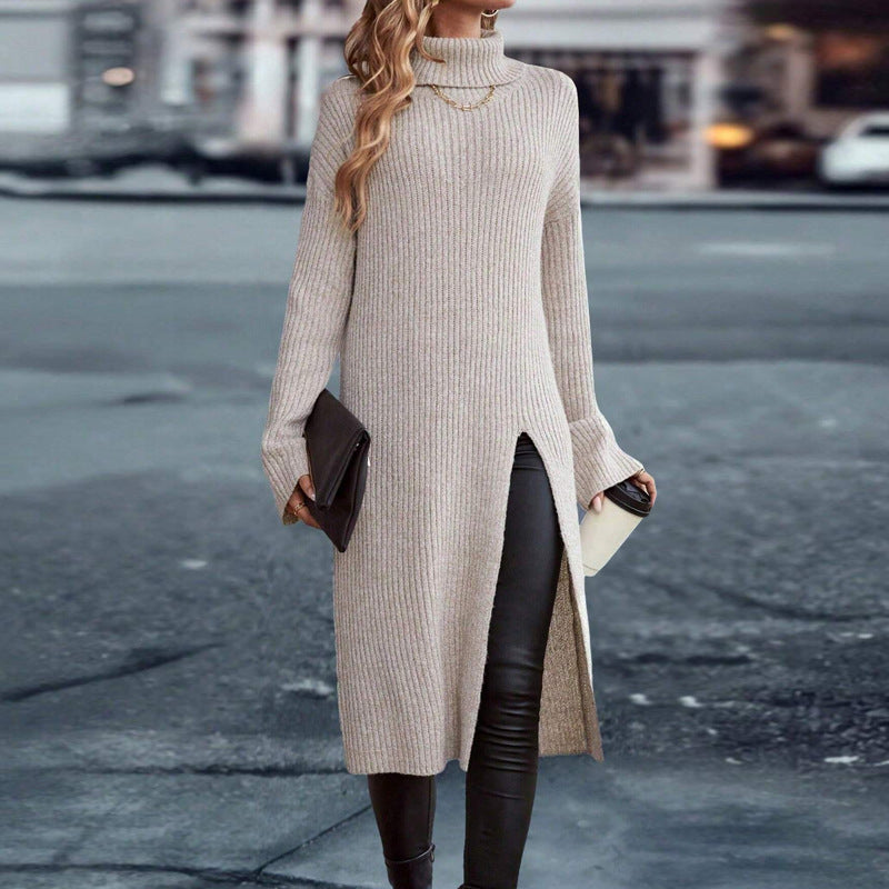 Fashionable Autumn And Winter Loose High-Neck Long-Sleeved Split Sweater Dress