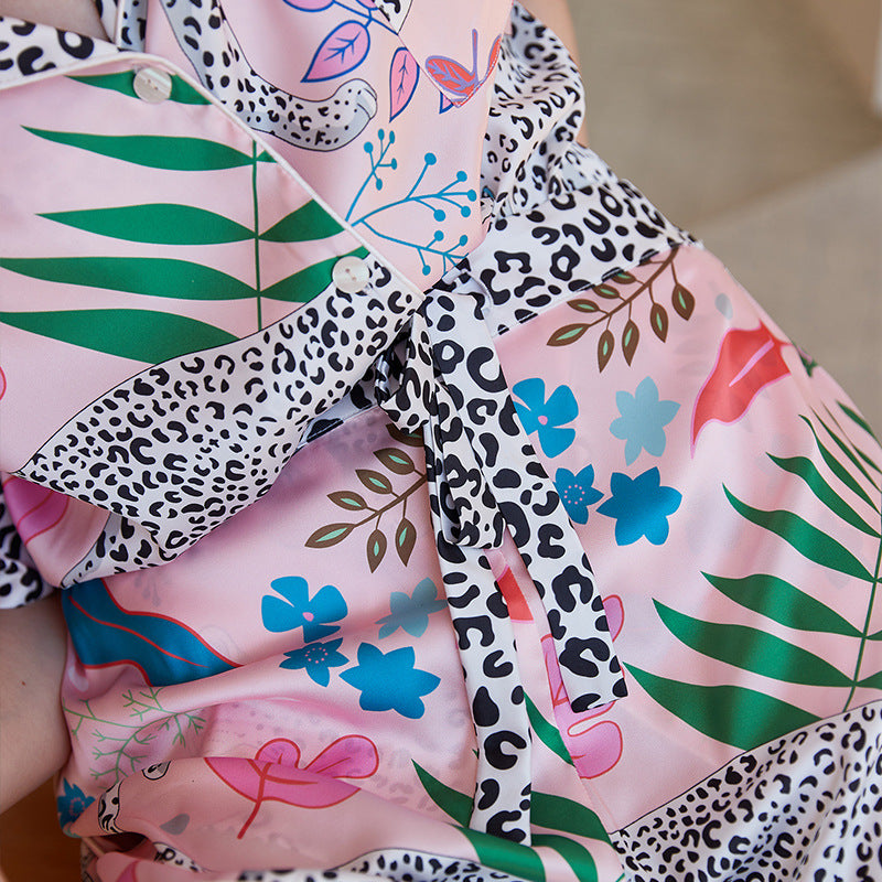 Leopard Fashion Pajamas Women Summer Short Sleeve Turndown Collar Outdoor Wear Home Clothes Set 6