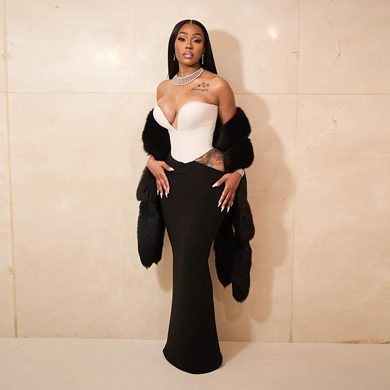 Women sexy contrasting colors Patchwork Maxi Dress