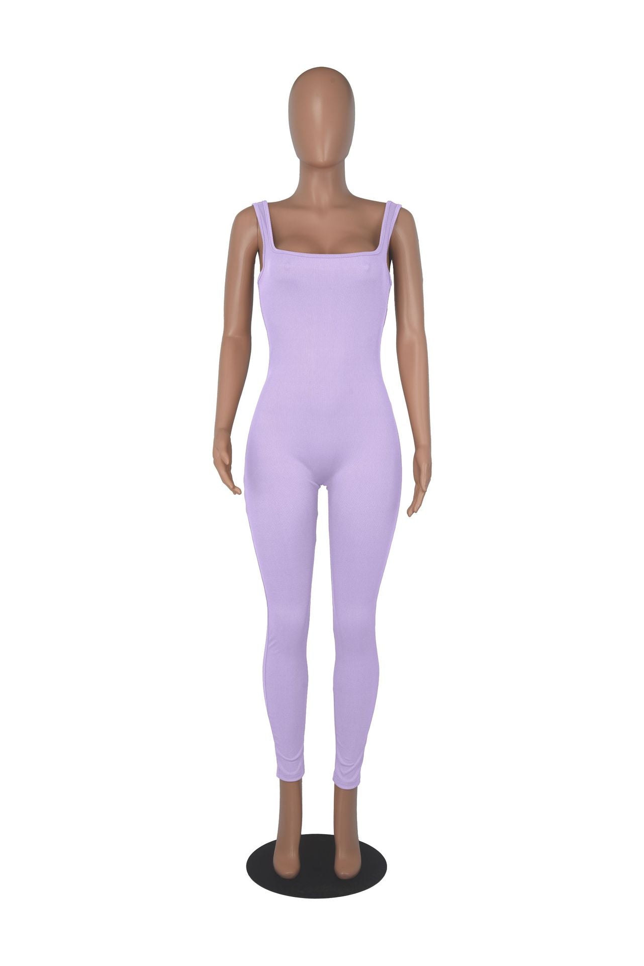 Women'S Solid Color Sleeveless Ribbed Square Neck Low Back Butt Lift Slim Fit Jumpsuit 36