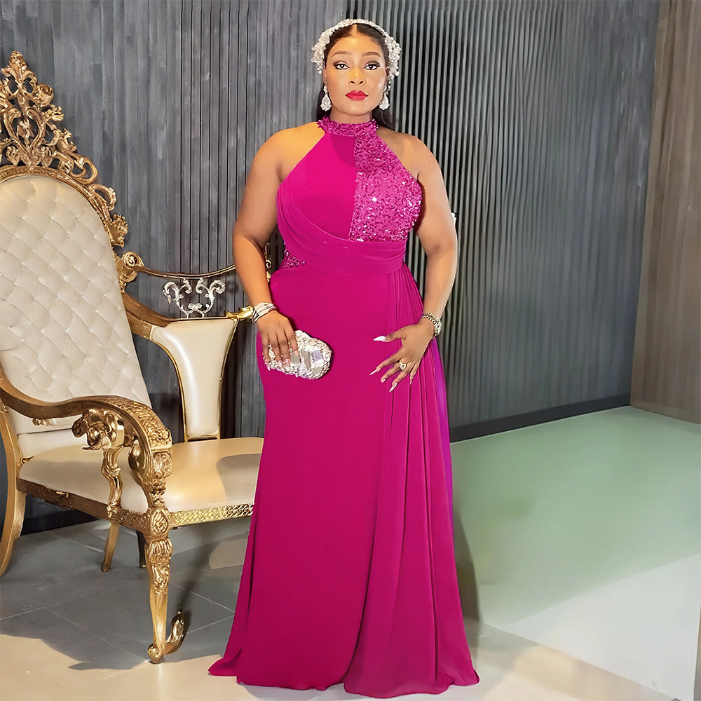 Plus Size Women's Long Dress African Fashion Elegant Sexy Halter Neck Slim Waist Evening Gown 3