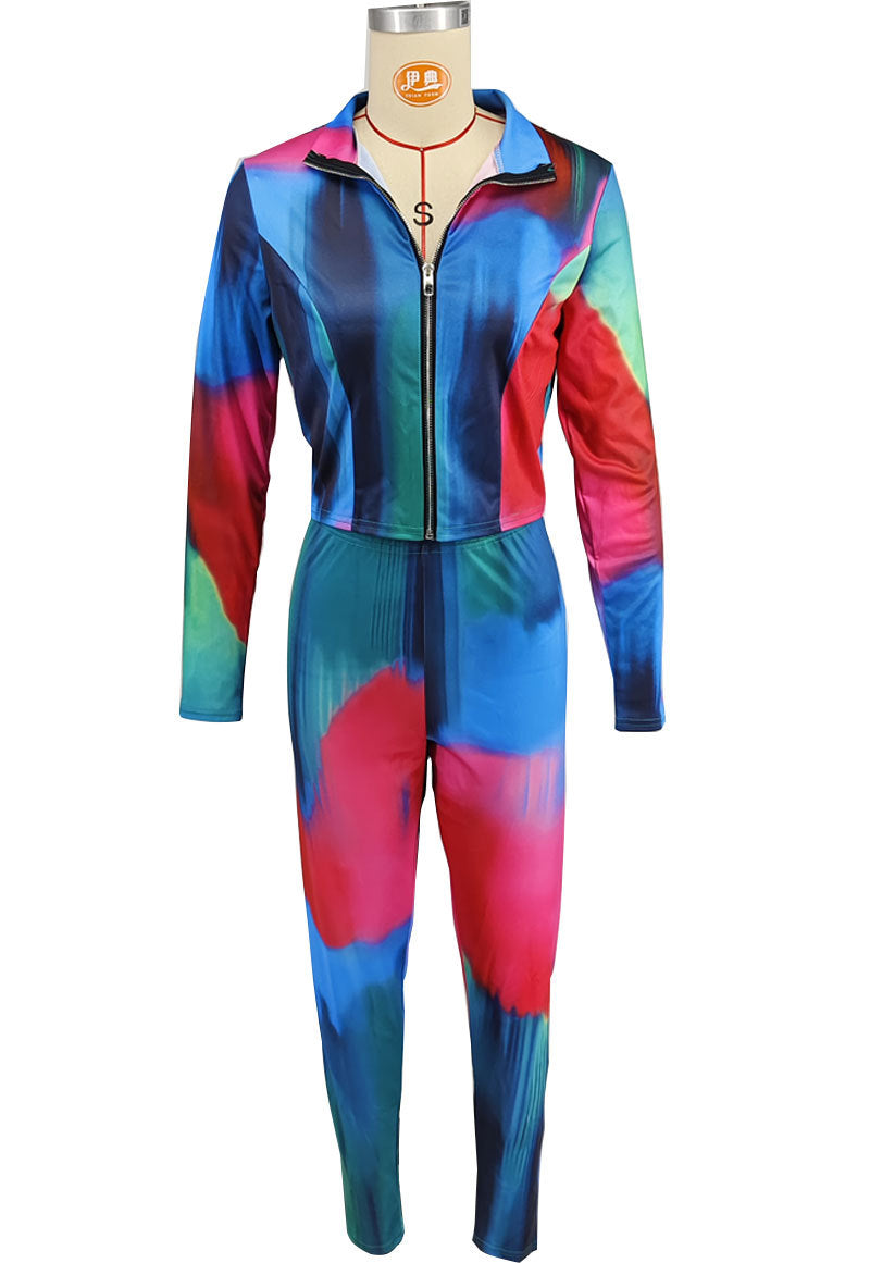 Fashionable Autumn Print Zipper Long Sleeve Slim Fit Two-Piece Pants Set 7