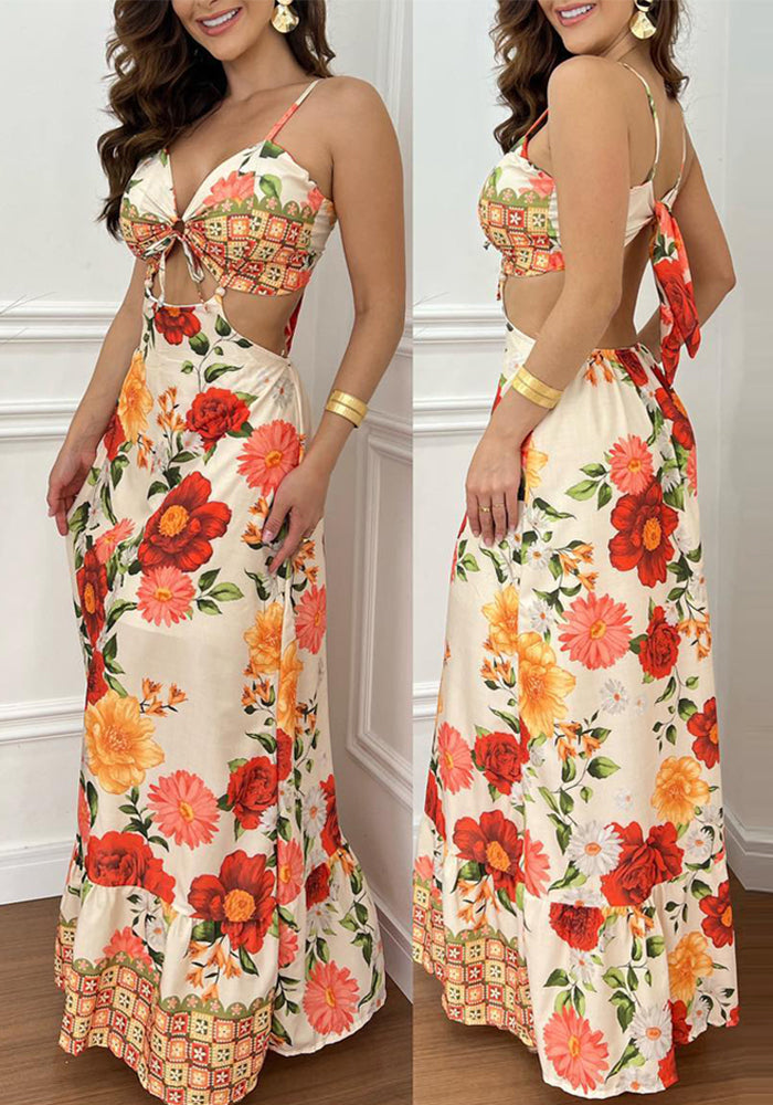 Floral Holiday Print Sexy Open Waist Strap Long Dress
