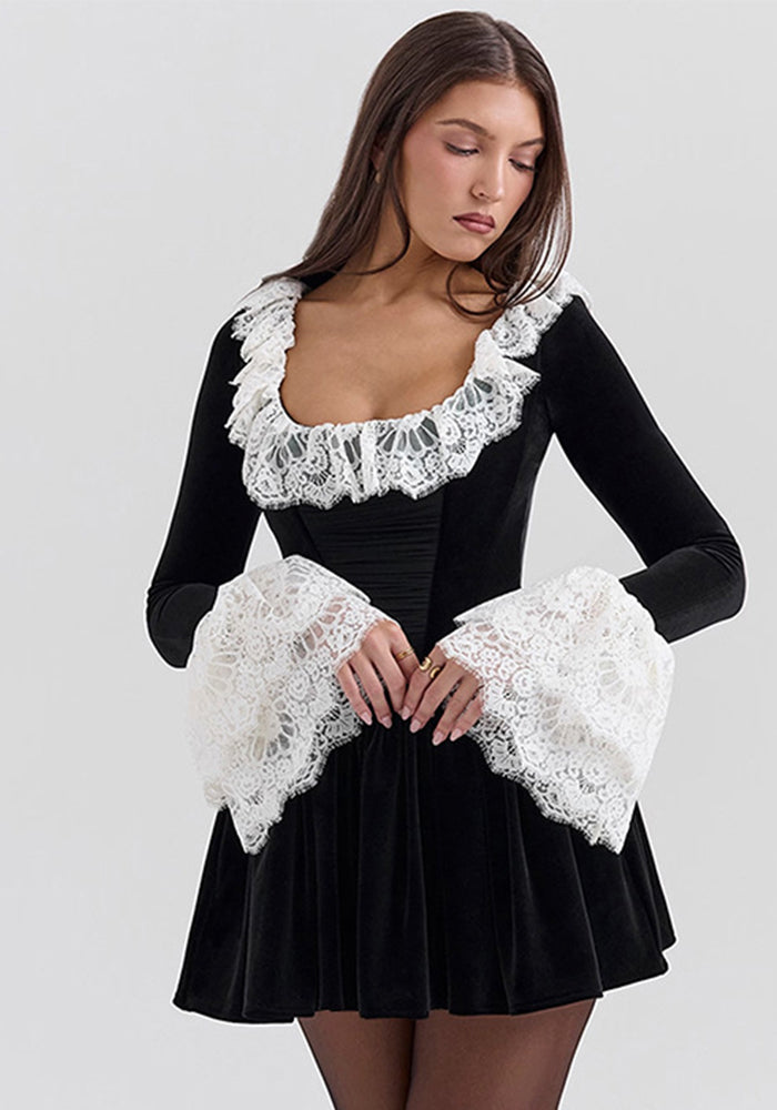 Autumn Fashion Sexy Chic Lace Velvet Long Sleeve A-Line Dress