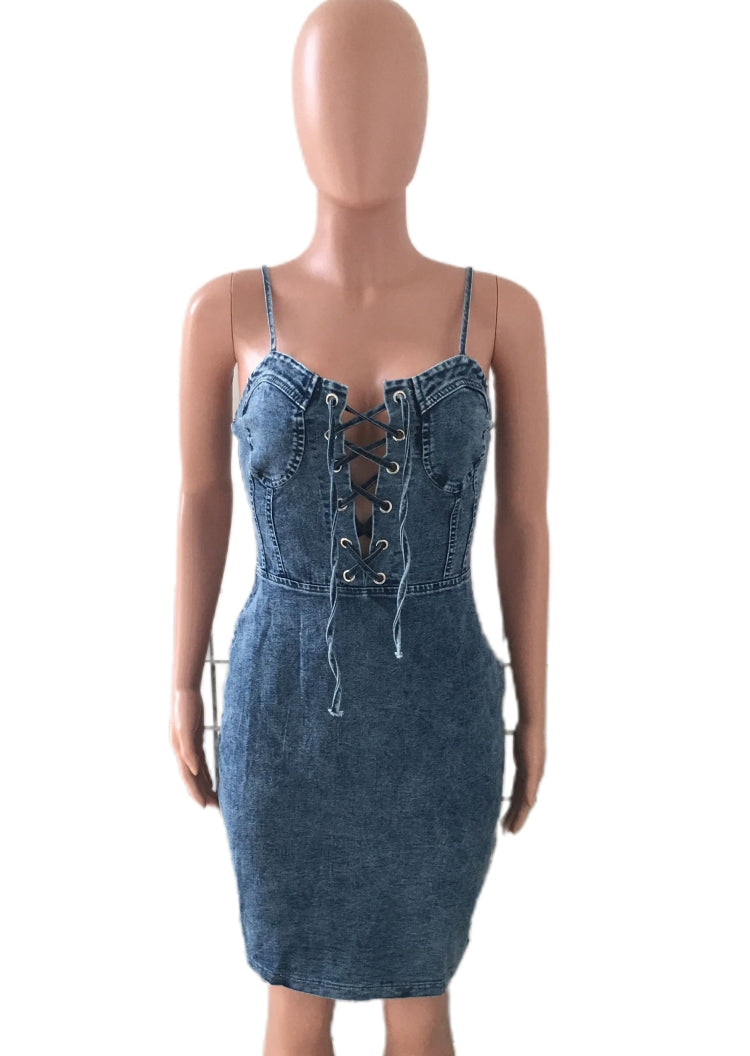 Summer Casual Blue Lace Up Strap Bodycon Denim Dress 3