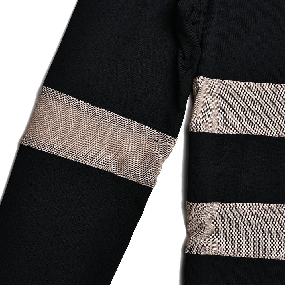 Women Round Neck Patchwork See-Through Long Sleeve Dress 19