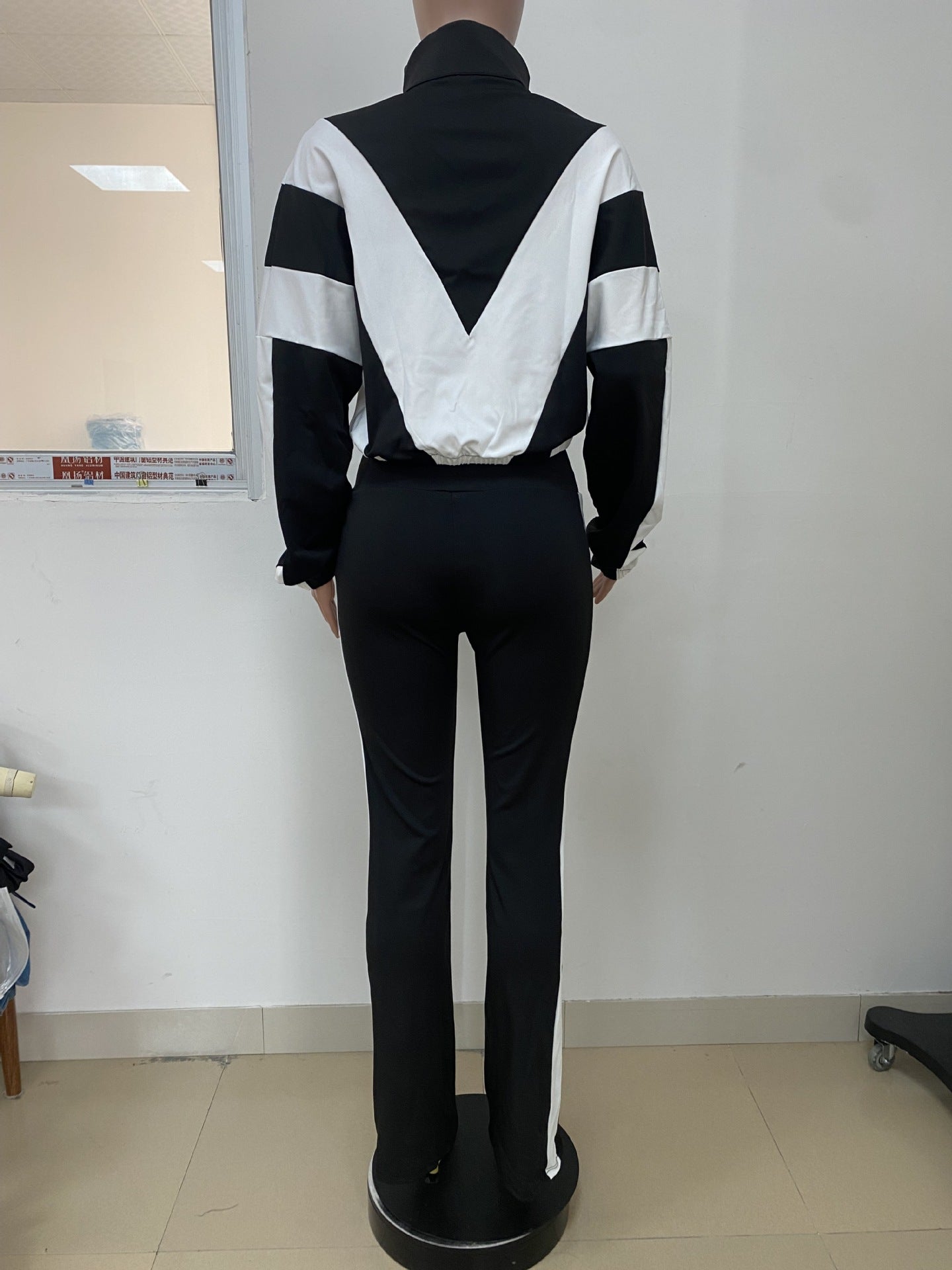 Women Zippered Turndown Collar Patchwork Zipper Top and Two-Piece Pants 7