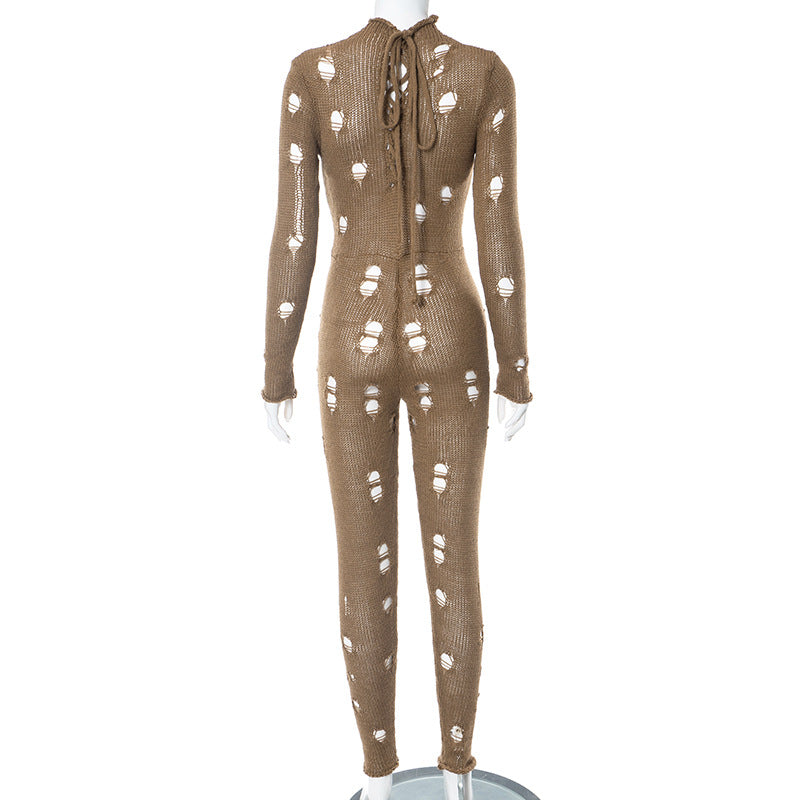 Autumn Winter Women's Fashion Ripped Slim Knitting Jumpsuit 12