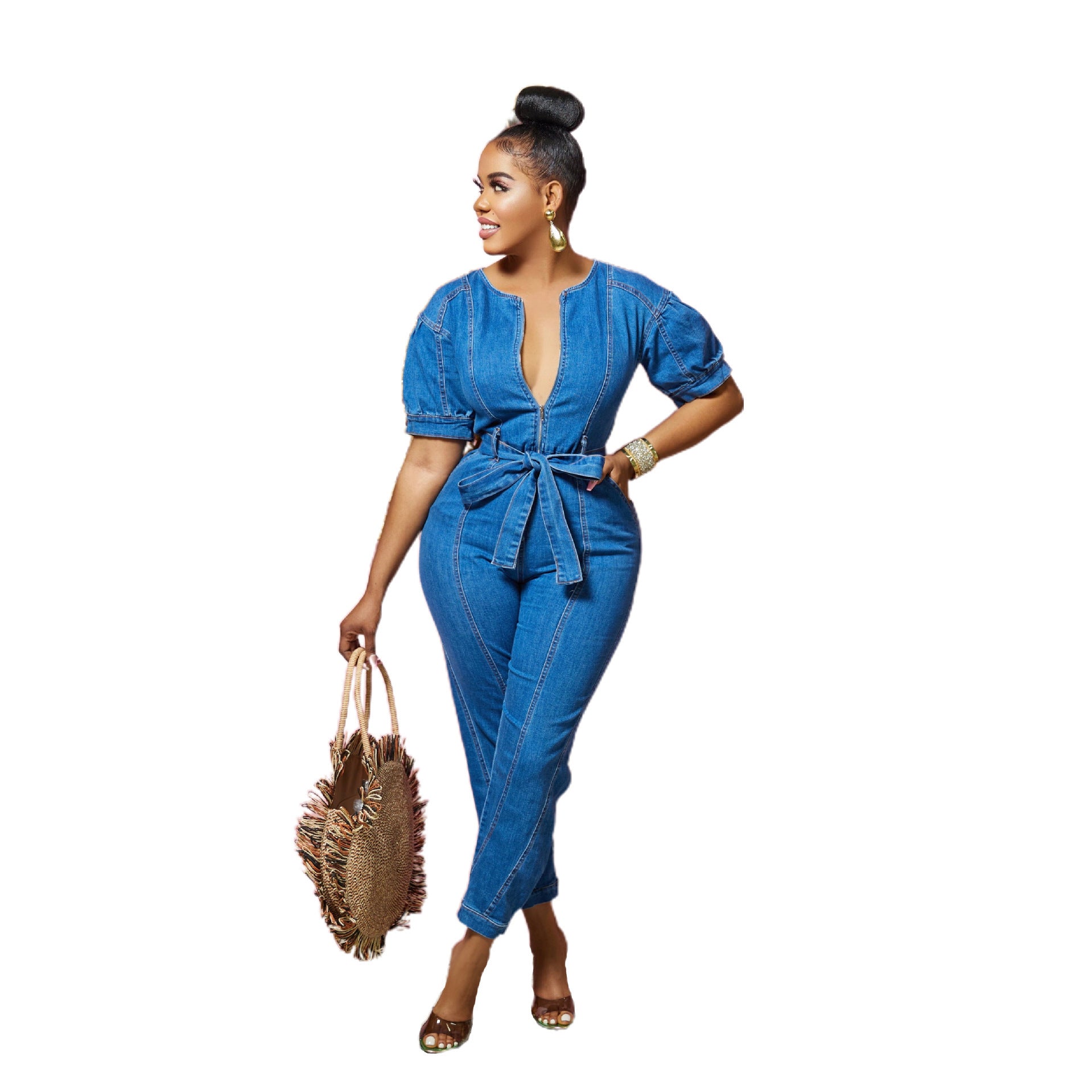 Women Washed Blue Chic Denim Jumpsuit 5