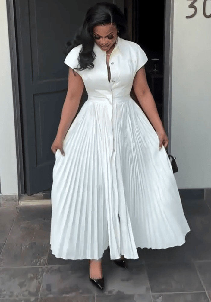 Women Short Sleeve Pleated Shirt Dress