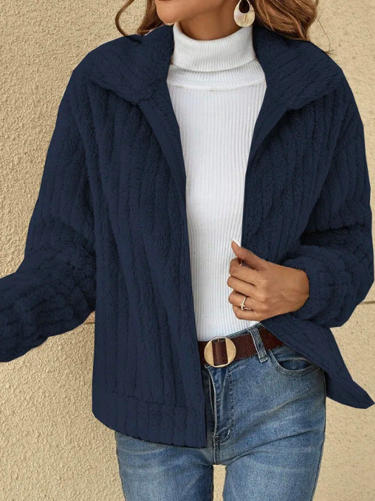 Women's Autumn and Winter Ribbed Plush Cardigan Turndown Collar Jacket 9