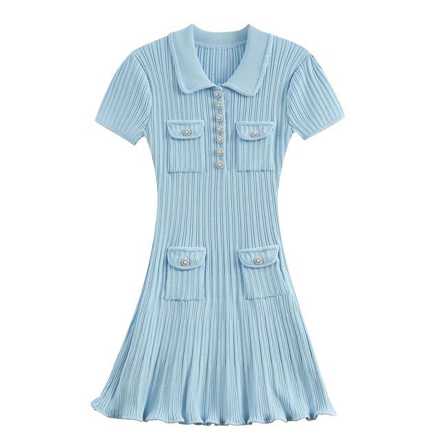 Women French spring Summer Turndown Collar knitting dress 7